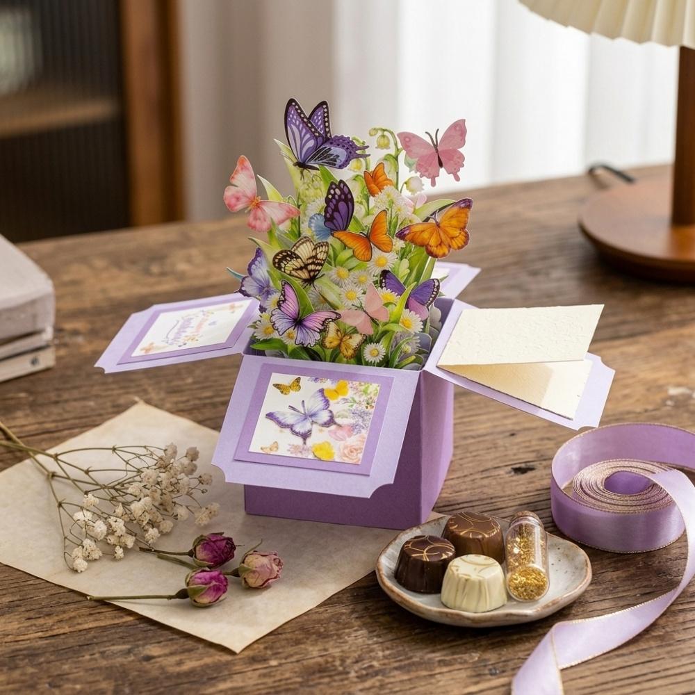 3D Popup Box Greeting Card Handcrafted Butterfly Floral Design Pop-up Card for Birthday Mother's Day Anniversary with Blank Inner Panel