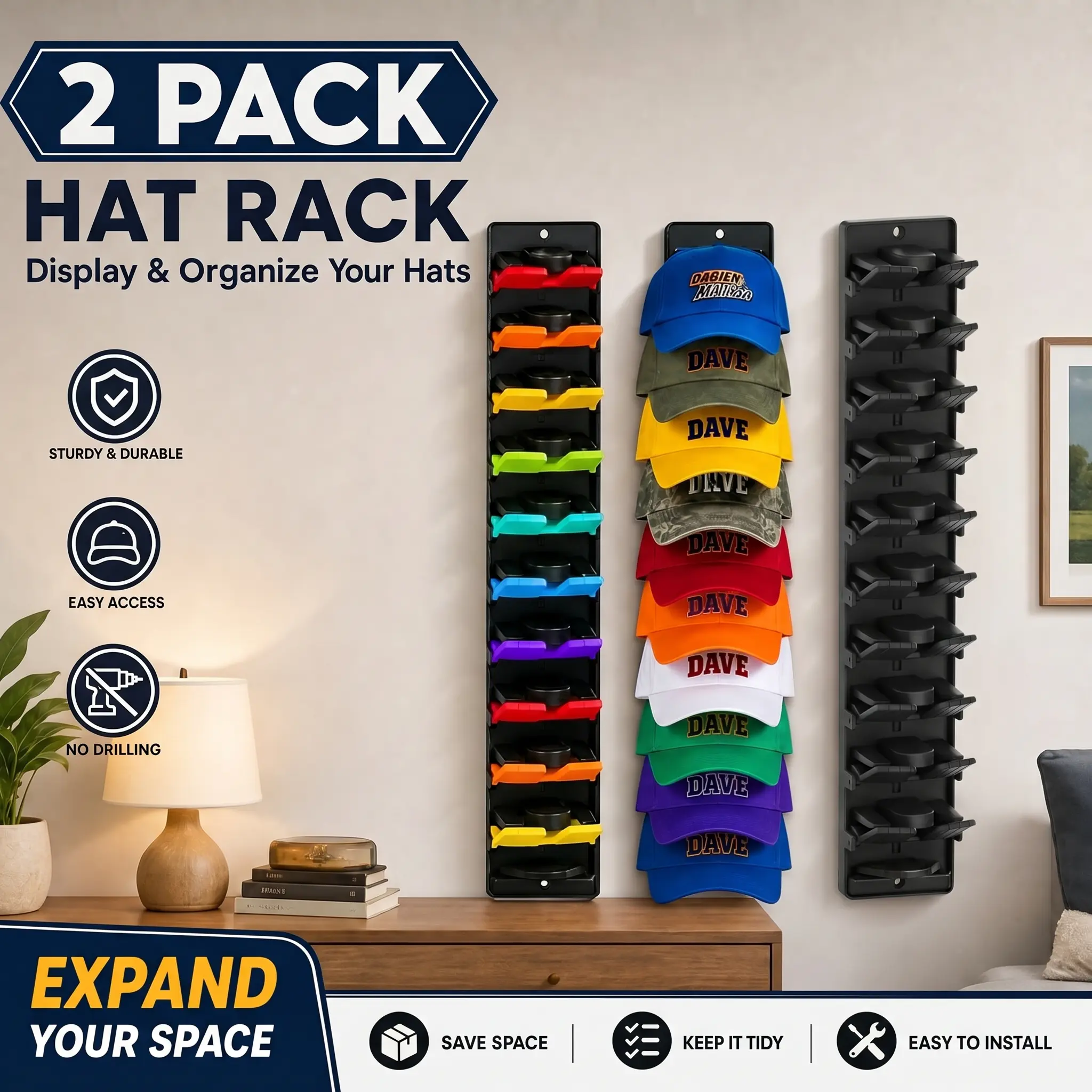 Wall-Mounted Hat Rack 2 Pack, Adjustable Display Hanger with Spring Clips for Baseball Caps, Adhesive Organizer for Closet Doors & Walls, Organiser, Unisex, Secure Hold