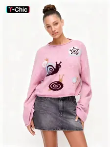 Knitted Round Neck Pullover Sweater Top, Knitting Knitwear Womenswear Fall Winter New Design, Snail Embroidery Pattern, Colorblock Loose Fit, Casual, Soft Comfortable Elegance, Long Sleeve