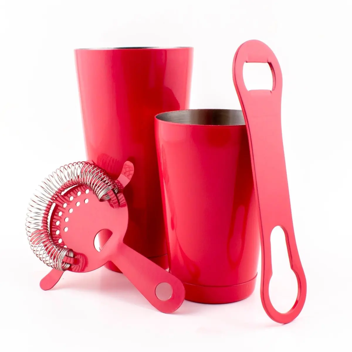 Metallic Rose Pink 4-Piece Stainless Steel Bar Set with V-Rod® - 28oz Cocktail Tin, Cocktail Shaker, Bottle Opener, Bright Reflective Finish, 2 Sizes, Durable Kitchenware Bar & Wine Utensil Complete Kit, Two Sizes