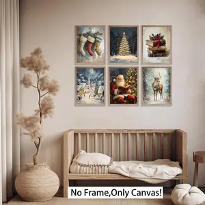 Vintage Christmas Wall Art Set, 6pcs Winter Country Decor, Santa Claus Canvas Prints, Pine Tree Pictures for Living Room & Bedroom
