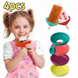 4pcs Silicone Ice Cream Holder Stand Set,Summer Popsicle Holder, Leak-Proof ConeSupport with Drip Guard, Portable Youngsters'sIce Pop Mold Tray