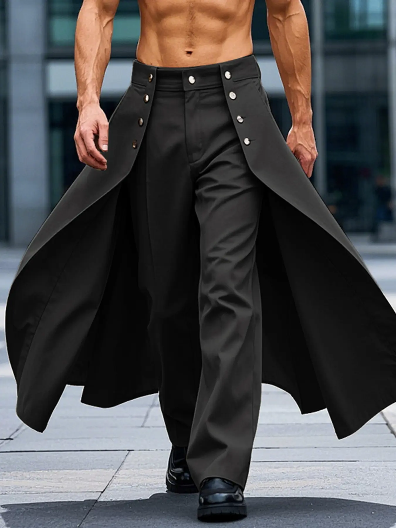 INCERUNSHOP Men's Fashion Casual Solid Color Button Design Layered Two-Piece Pants, Suitable for All Seasons Streetwear, Comfortable and Stylish Casual Streetwear Trousers