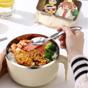 Stainless Steel Noodle Bowl with Lid, 1 Count Large Capacity Instant Noodle Bowl, Portable Double Use Bowl for Home Kitchen Dormitory Office