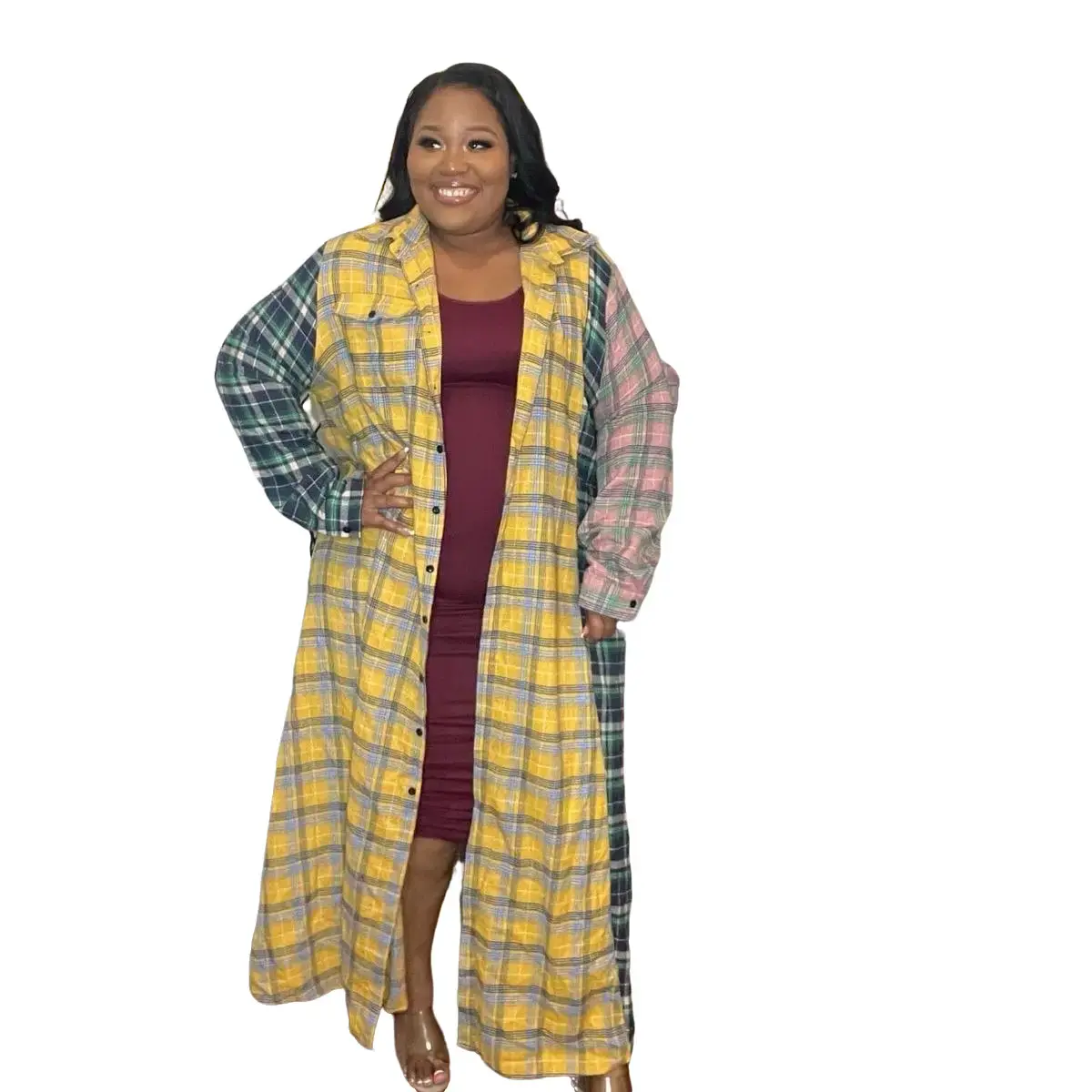 Plaid Long Shacket for Women - Casual Style - Womenswear
