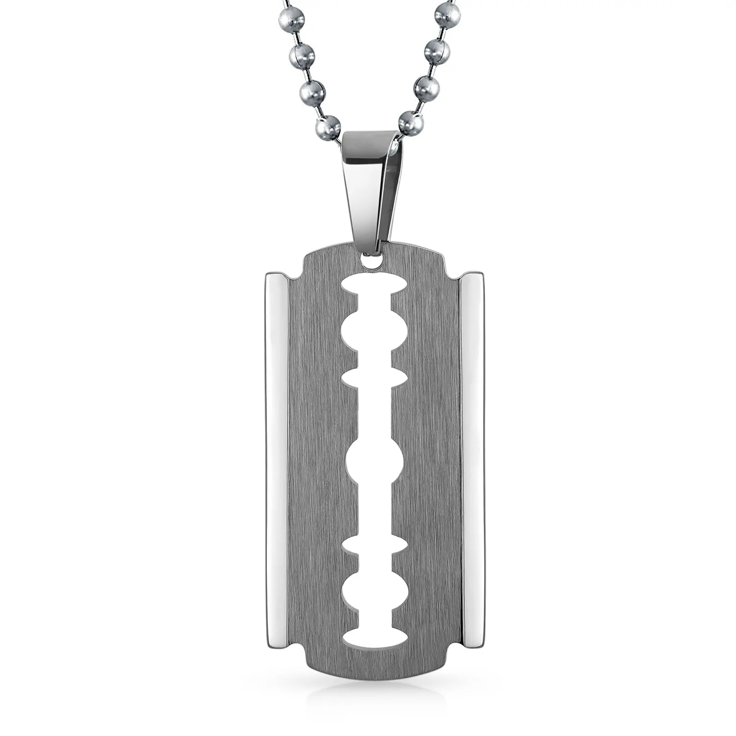Goth Dog Tag Razor Blade Pendant Necklace Silver Black Tone Stainless Steel