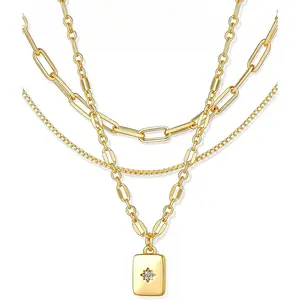 Layered Gold Necklaces for Women Trendy, 3 Pcs 14K Gold Plated Choker Paperclip Box Chain Necklace, Stackable Women's Gold Pendant Necklaces Jewelry Set