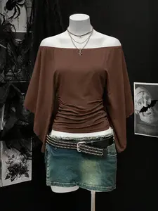 Elegant High-End One Shoulder Butterfly Sleeve Ruched Pleated Loose T-Shirt, Chic Stylish Women's Top for Casual Wear, Perfect for Spring and Fall