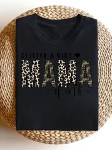 Women'S Leopard Print Camouflage Pattern T-Shirt- Stretchy Medium Thick Non-Transparent Fabric, Loose Casual Style with "GLITTER& DIRT Mama" Slogan and Heart Decoration, Machine Washable All-Season Top, Leopard Print Short Sleeve T-Shirt