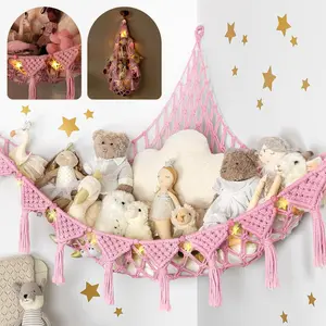 Large Pink & White Plush Toy Hammock – Corner Net with Hooks & Fairy Lights, Handwoven Stuffed Animal Storage Organizer essential nursery doll display