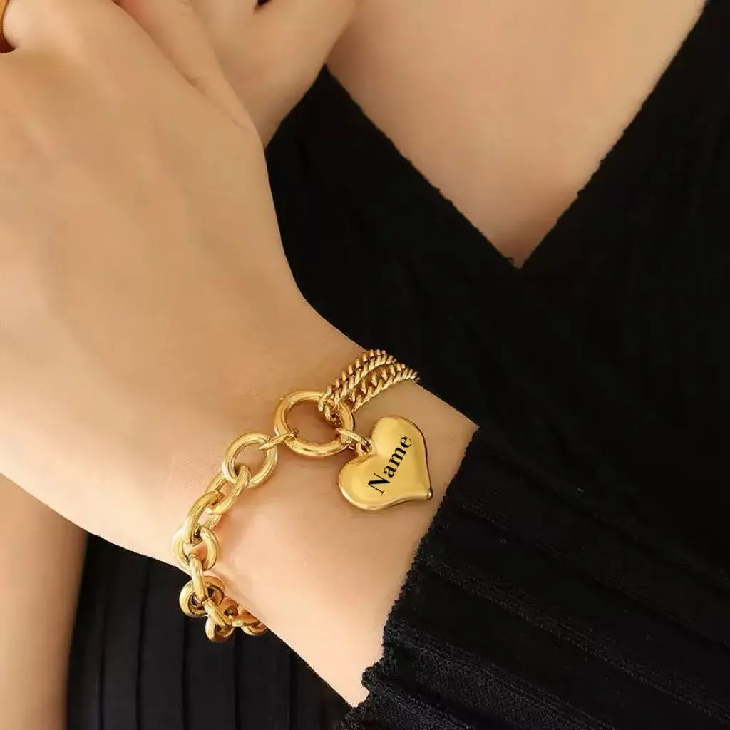 XY004 Women Customizable Heart Charm Bracelet with Engraved Name Stainless steel Personalized Jewelry Gift