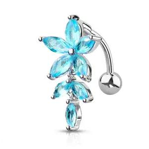 Statement Gold Blue Dangle Flower Belly Ring for Navel Piercing, Belly Rings for Women, Belly Piercings
