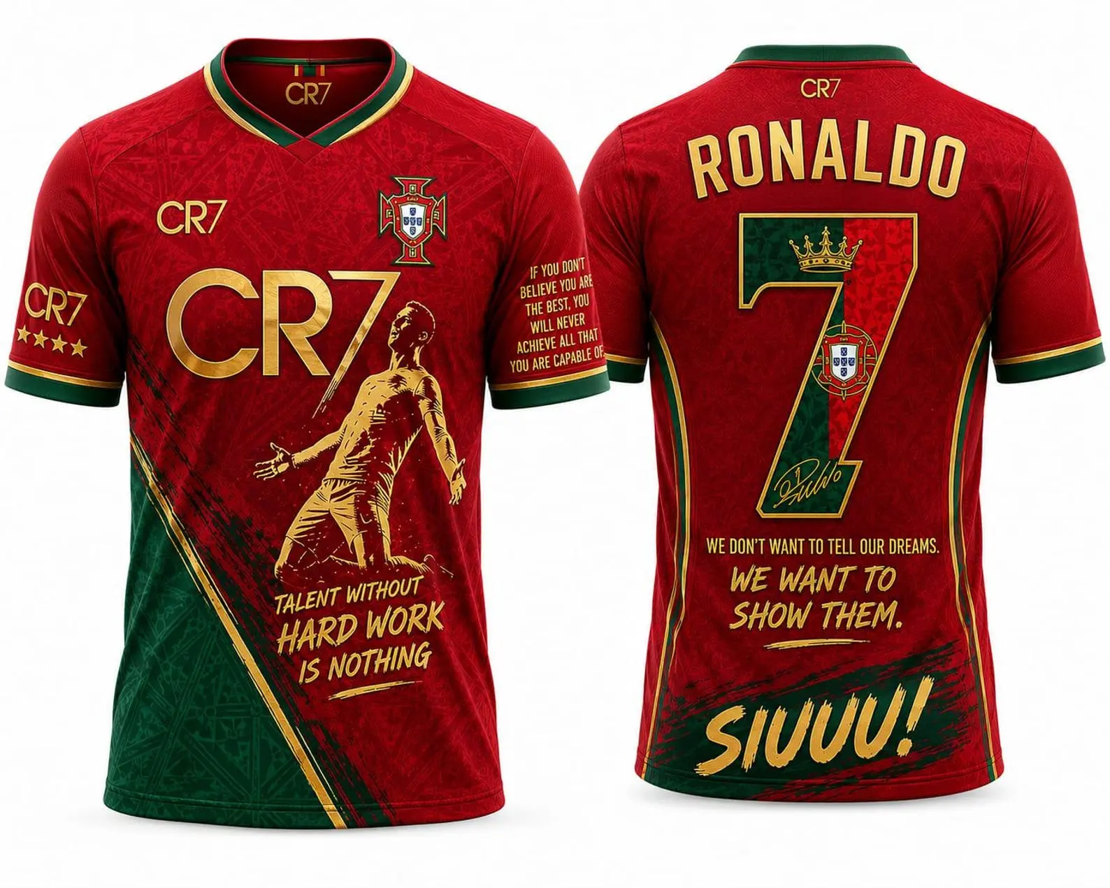 Ronaldo CR7 #7 Portugal Soccer Jersey, Red and Green Portuguese Football Shirt, Ronaldo Inspirational Graphic Jersey, Fan Outfit, Soccer Supporter Gift for Men and Women