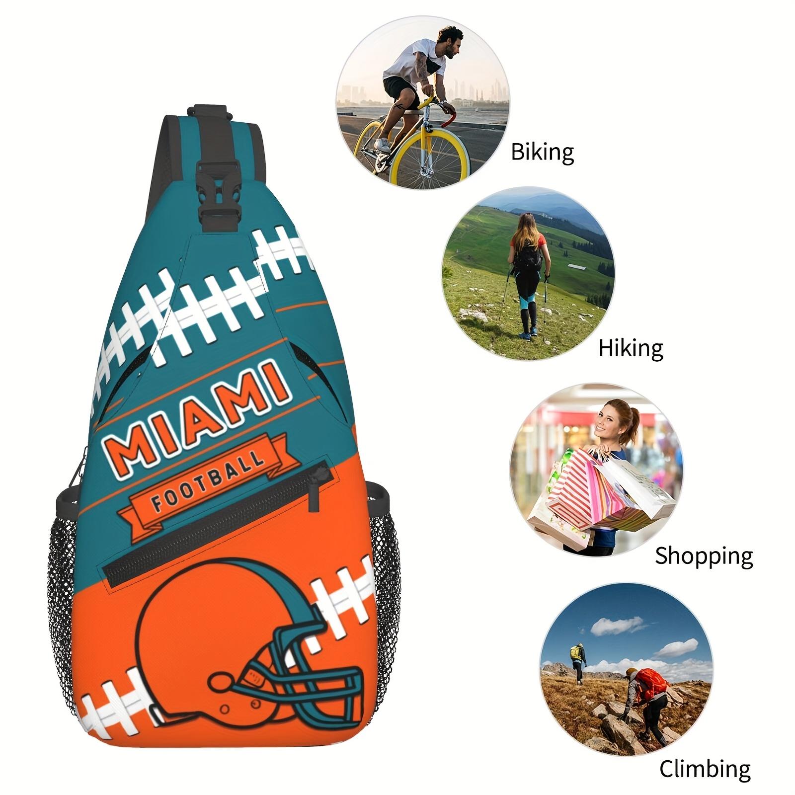 Large Crossbody Backpack  Miami Football Graphic - Turquoise & Orange Football Field Design, Heavy-Duty Machine-Washable Polyester Bag  Zipper Closure & Adjustable Strap - Spacious Chest Pack for Travel, Hiking, Sports, Gaming Fans - Unisex with