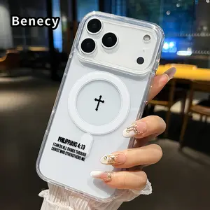 Magnetic Soft Case for iPhone 17 Pro Max 17 Air Non-Yellowing Drop Protection Transparent Acrylic Large Hole Faith Strength Pattern Shockproof Silicone Cover Supports Wireless Charging