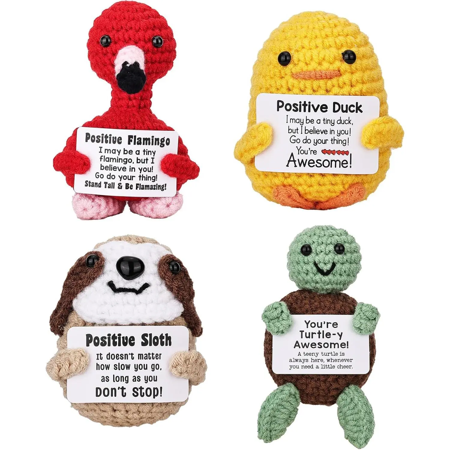 4pcs Cute Crochet Animal Dolls with Positive Cards – Mini Sloth, Duck, Turtle & Flamingo – Handmade Emotional Support Gifts for Friends, Women & Men – Funny Desk Décor for Birthday, Christmas