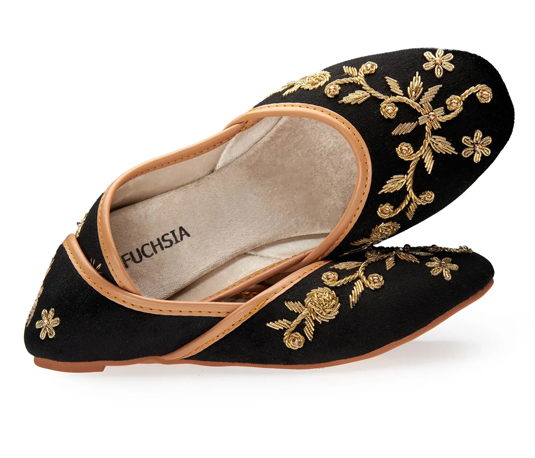Hand Embroidered Black Velvet Jutti Flats US sizes Fuchsia Marina