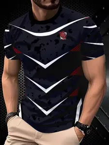 Men's Casual Geometric Pattern Polyester Short Sleeve T-Shirt Fitted, Slightly Elastic Knit Fabric, Breathable Comfort, All Seasons Wear