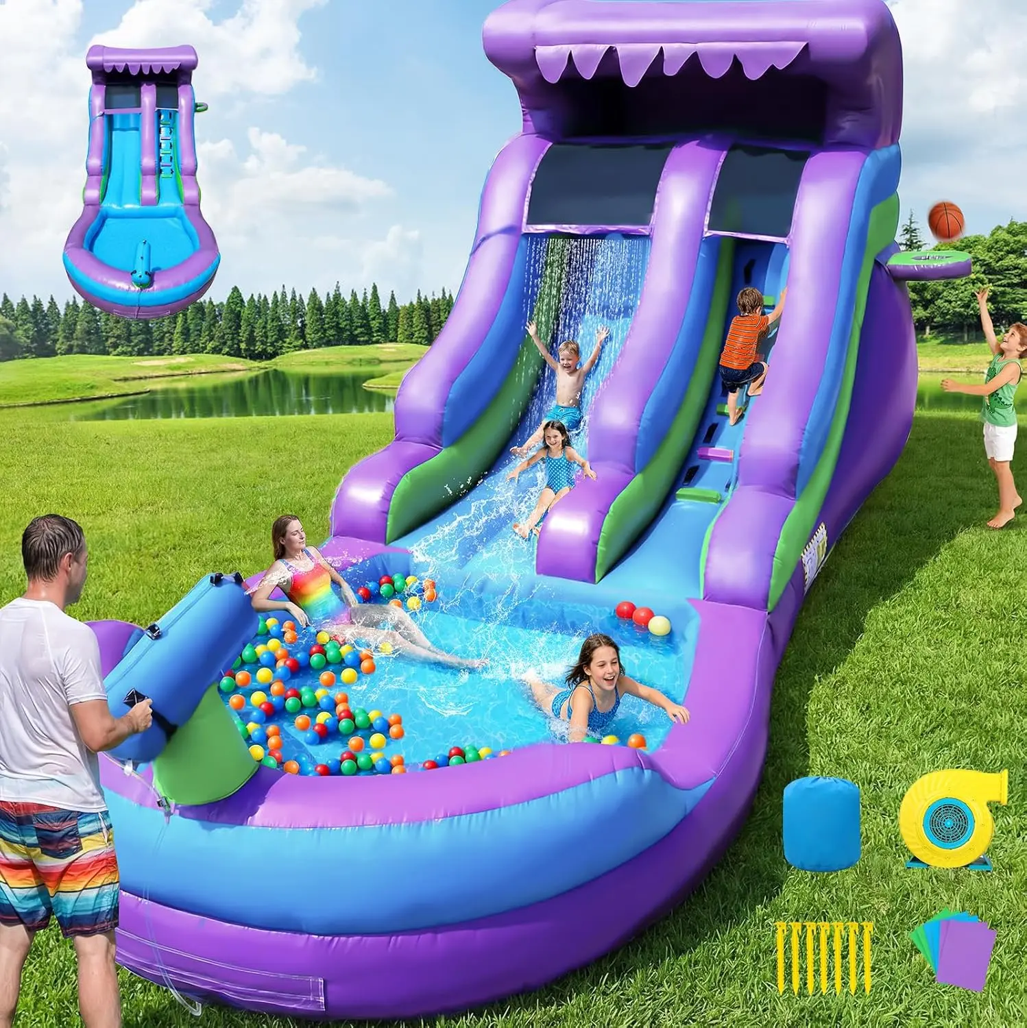 21FT Inflatable Water Silde Commercial 100% PVC Grade for Adults and Kids, Blow up Heavy Duty Waterslide Bounce House with 750 W Blower and Large Pool for Outdoor, Party and Rental - Purple