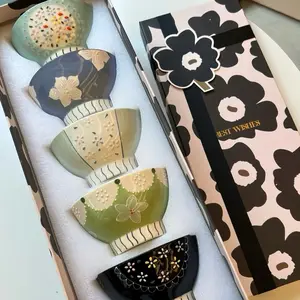 Floral Embossed Ceramic Bowl Set – 5 Piece Japanese Style Rice & Soup Bowls Gift Box – High Temp Glaze Handmade Tableware