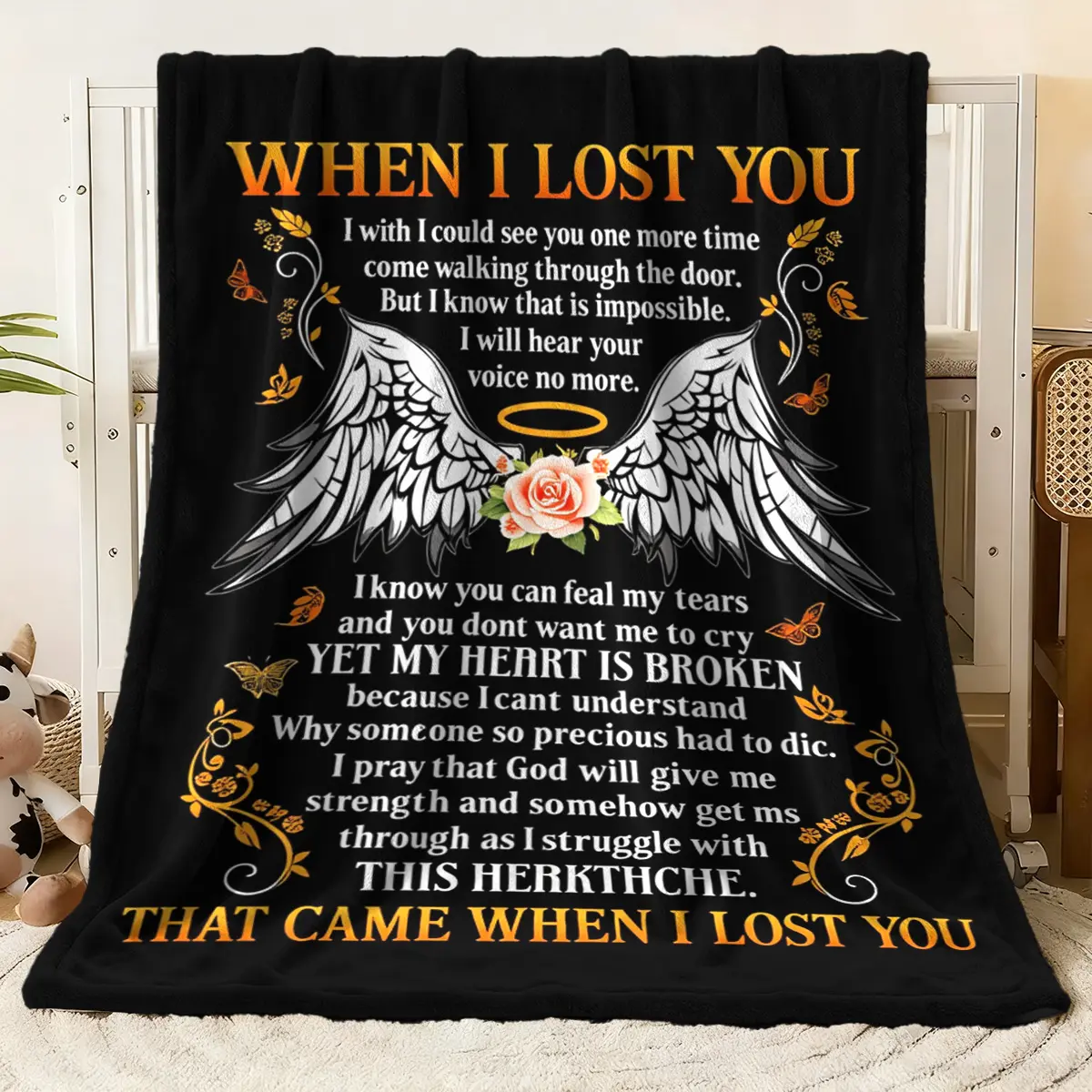 ”When I Lost You” Memorial Throw Blanket with Angel Wings, Rose & Inspirational Quotes - Soft Comforting Blanket for Grief & Remembrance, Multi - Size