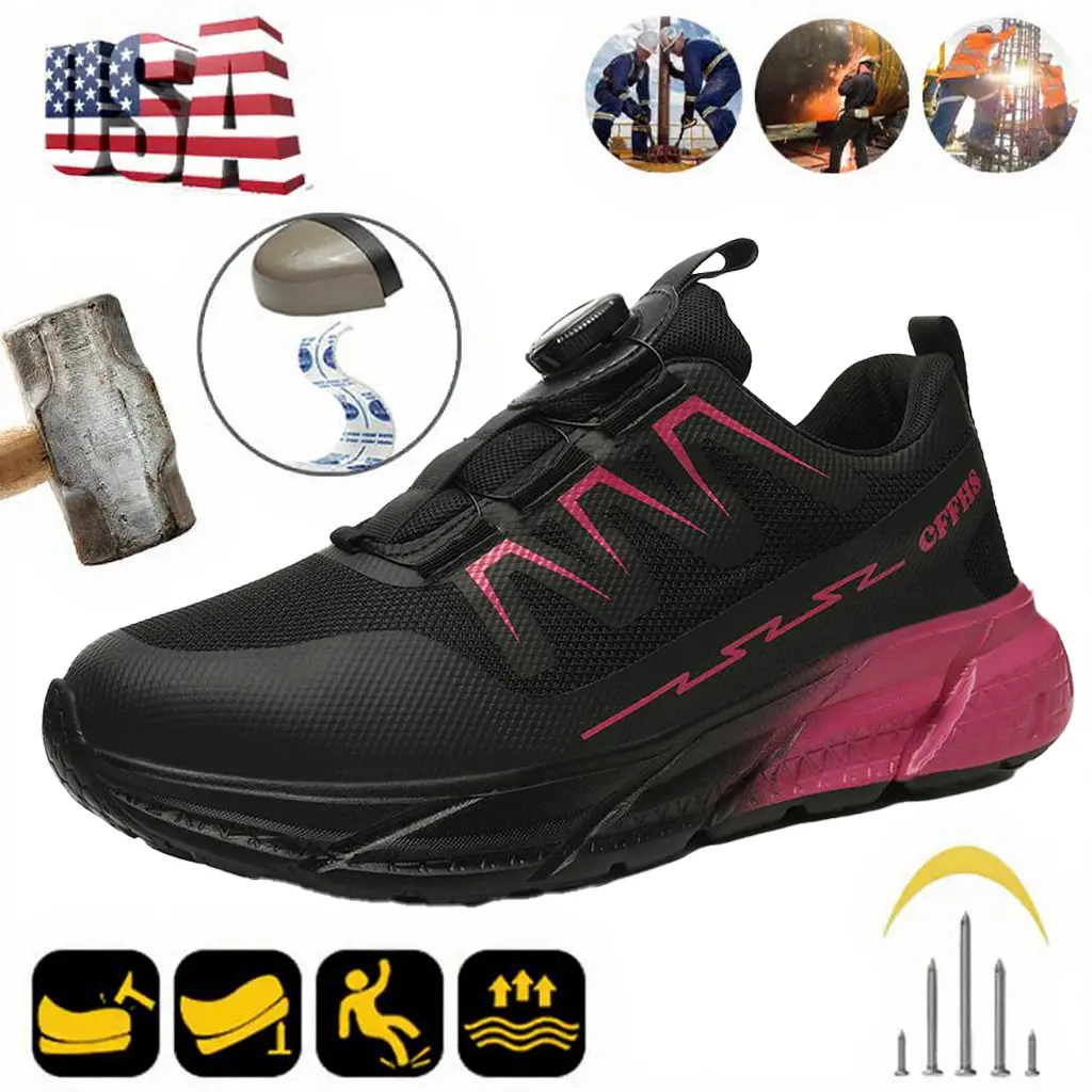 Women's Chic Black Steel Toe Cap Work Safety Footwear - Round Toe, Slip-On, Block Heel, Anti-Smash, Anti-Puncture, Steel Toe Caps