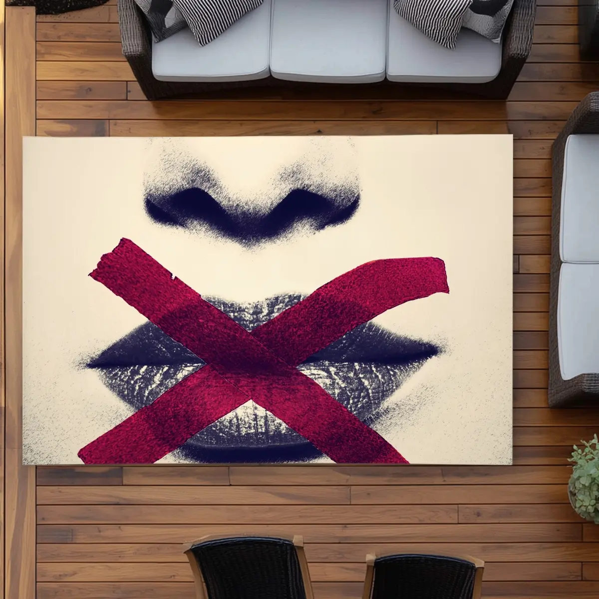 Begin Home Decor C1ROAR57U2TWGP 5 x 7 ft. Grayscale Lips with a Red X - Beauty Figurative Outdoor Rug - Rectangle, Large Size, Unique Artwork, Home Decor Rugs, Modern Abstract Rug