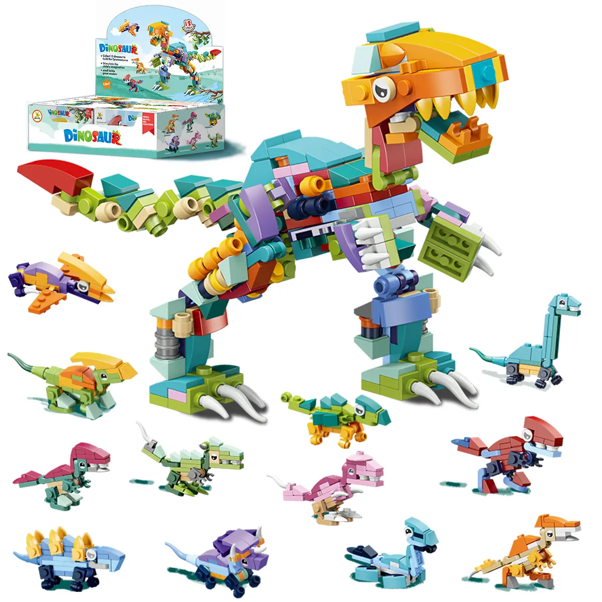 12-in-1 Mini Dinosaur Creative Building Block Set, DIY Playset with 12 Tyrannosaurus Rex & Animal Figures, Construction Building Blocks Model, Brick Toy for Teens, Classroom Prizes, Birthday Gifts