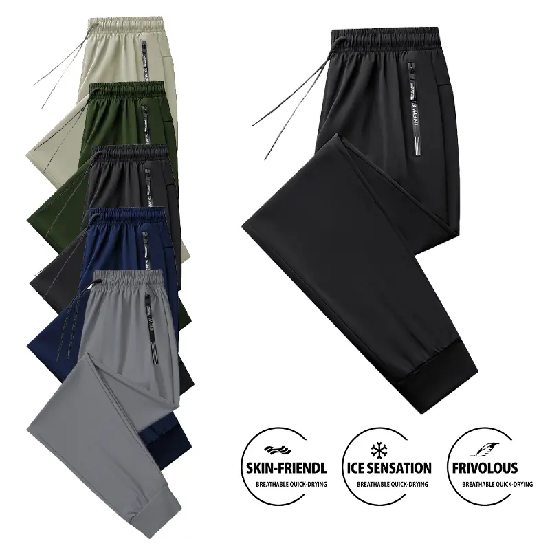 Men's Ice Silk Cooling Jogger Pants Lightweight Breathable Quick Dry Drawstring Elastic Waist Zipper Side Pockets Skin-Friendly Athletic Gym Workout Outdoor Daily Summer Trousers