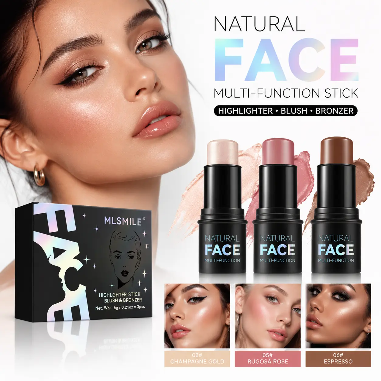 Makeup Highlight-Contour Stick Set with Concealer & BlushStick, 3 Matte Natural Shades, Sculpts Slimmer Face Shape