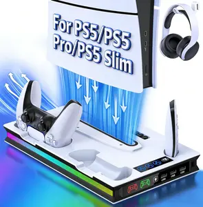 For PS5 Pro/Slim/Disc/Digital Stand and Cooling Station with Controller Charging Station for Playsation 5 Disc Digital Console, PS5 Accessories Incl. 3 Level Cooling Fan, LED, 3 USB Hub, Media Slot, Headset Holder