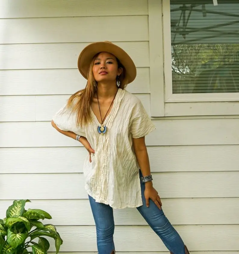 Raw Natural Crinkled Cotton Gauze Blouse, Cotton Tunic Kaftan, Cotton Tunic Top, Boho Shirt, Boho Clothing