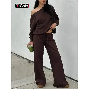 Women’s Long-Sleeve Off-Shoulder Two-Piece Sweatsuit for Spring/Fall, Casual Oversized Sweater Set