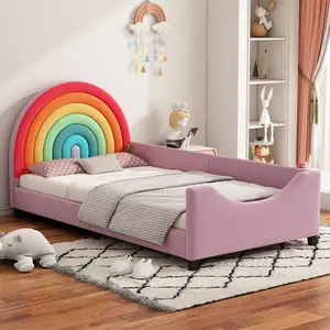 Rainbow Upholstered Twin Daybed Low to The Ground Design Cute Style Princess Bed for Boys & Girls, Teens, Colorful & Pink