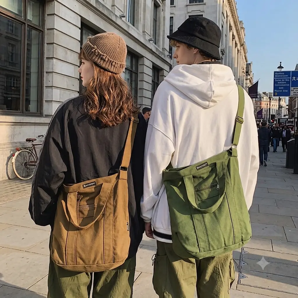 Canvas Tote Bag Crossbody Shoulder Bags Large Daily Commuter Handbag Japanese Vintage Work School Bag Casual Carryall Travel Satchel Fit Laptop iPad Multi Pocket Unisex for Men Women Outdoor