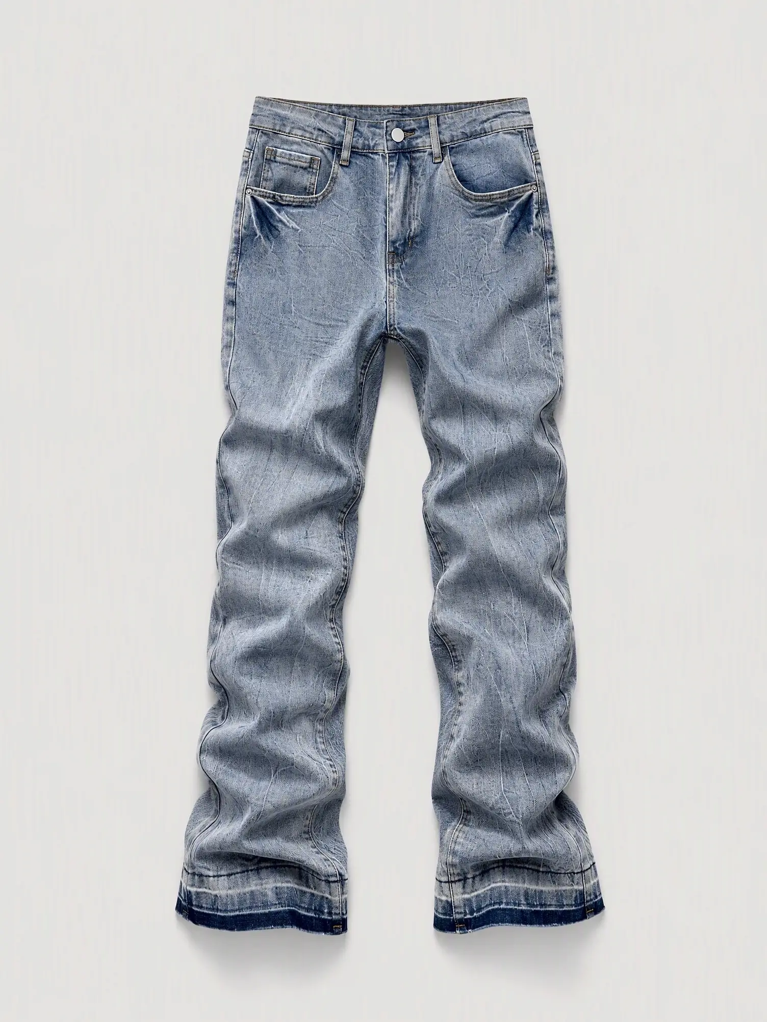 Men's Vintage Washed Slim Fit Bootcut Jeans,Vintage Wash Blue High Stretch Flare Pants,Y2K Streetwear Retro Whiskered Denim Trousers | Double Hem Flared Boot Cut Bottoms