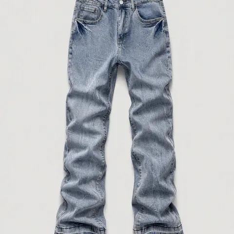 Men's Vintage Stone Wash Slim Fit Bootcut Flare Jeans - High Stretch Plain Denim Fabric Trousers, Retro Whiskered, Double Hem, Safe Materials, Aesthetic 00s Casual Wear Menswear Streetwear Bottoms