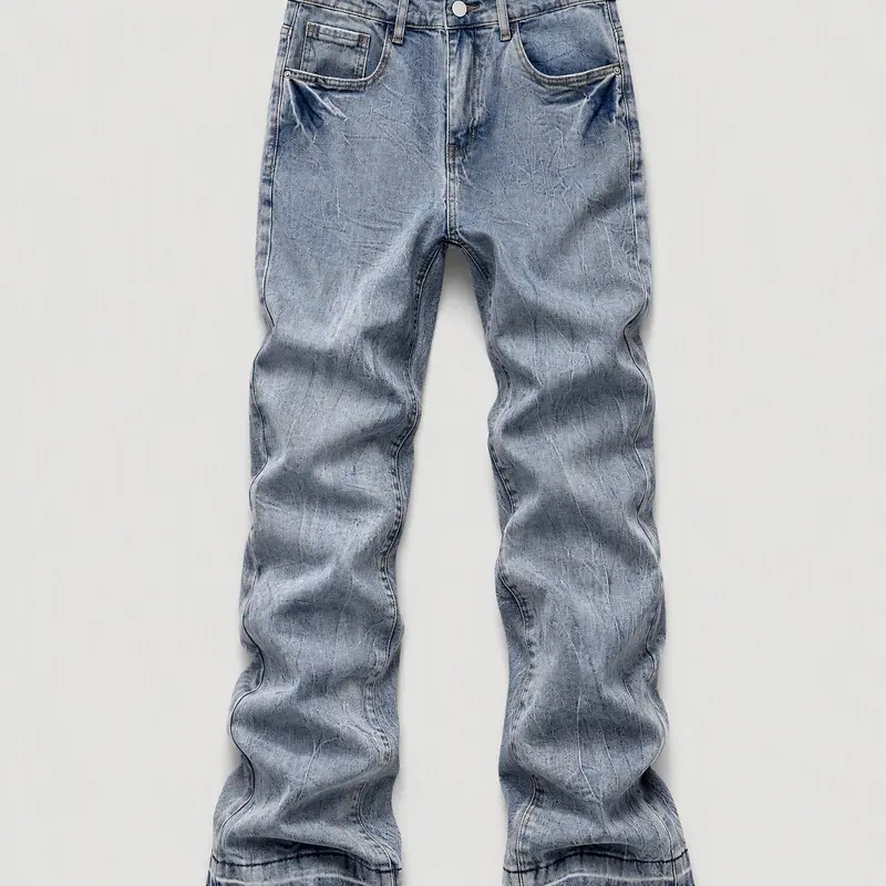 Men's Vintage Stone Wash Slim Fit Bootcut Flare Jeans - High Stretch Plain Denim Fabric Trousers, Retro Whiskered, Double Hem, Safe Materials, Aesthetic 00s Casual Wear Menswear Streetwear Bottoms