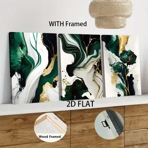3pcs Framed  Modern Luxury Emerald Abstract Canvas Wall Art with Solid Wood Frame Living Room Decor Minimalist Ink Gold Foil Texture Painting Nordic Ins Style Home Decoration Mural 2D Flat home deco