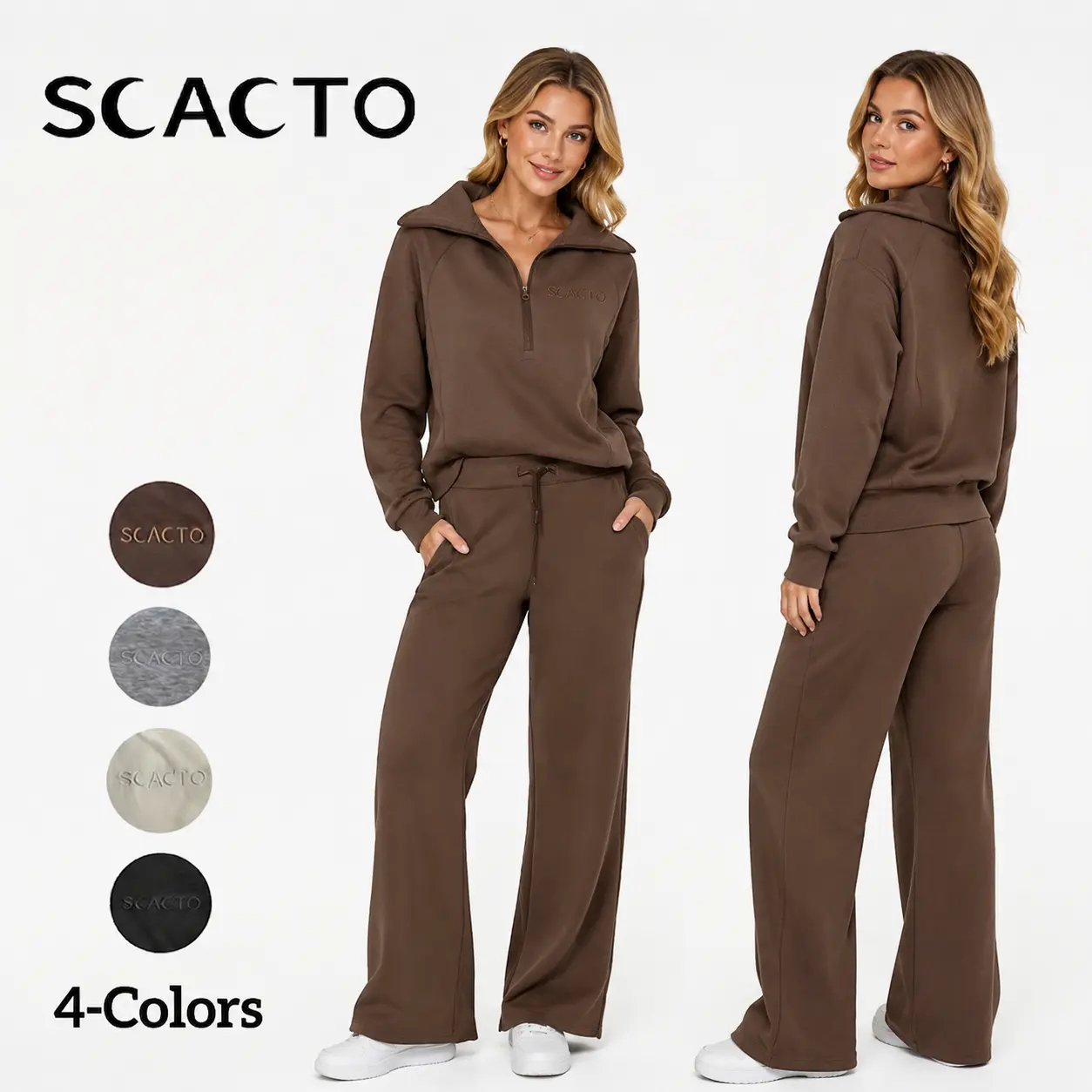 Scacto Women’s 2 Piece Outfits Half Zip Sweatshirt & Wide Leg Pants Airport Travel Lounge Matching Sets Sweatsuits Clothing Tracksuits