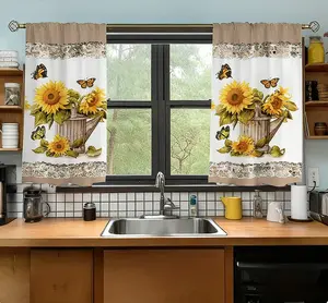 HarleyLand 2pcs Set, 2D Flat, New Style Yellow Fashionable High-End Sunflower and Butterfly Pattern Decorative Windowsill Curtains, Suitable for All Seasons, Can Be Used in Farmhouses, Kitchens, Offices, Studies