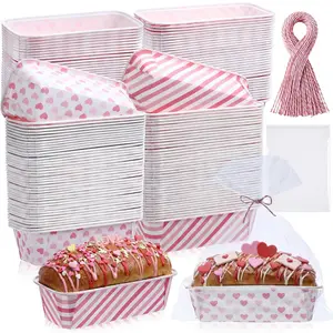 100 Set Valentine‘s Day Paper Loaf Pan for Baking Disposable Mini Bread Pans Liners with Clear Plastic Bags and Ties Rectangle Baking Mold for Cake Bakery
