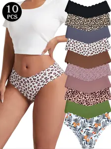 10 Pack Women's Seamless Underwear Scalloped Wave Edge Cooling Nylon Spandex Breathable 10+ Designs (Tropical/Leopard/Floral Prints & Solids) All-Day Comfort Fashion Yoga Fitness Breathable Seamless Panties