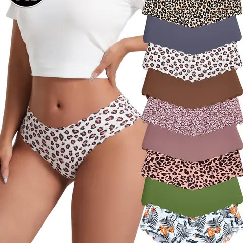 10 Pack Women's Seamless Underwear Scalloped Wave Edge Cooling Nylon Spandex Breathable Comfy Innerwear 10+ Designs (Tropical/Leopard/Floral Prints & Solids) Printed Panties All-Day Comfort Fashion Yoga Fitness Breathable Seamless Panties
