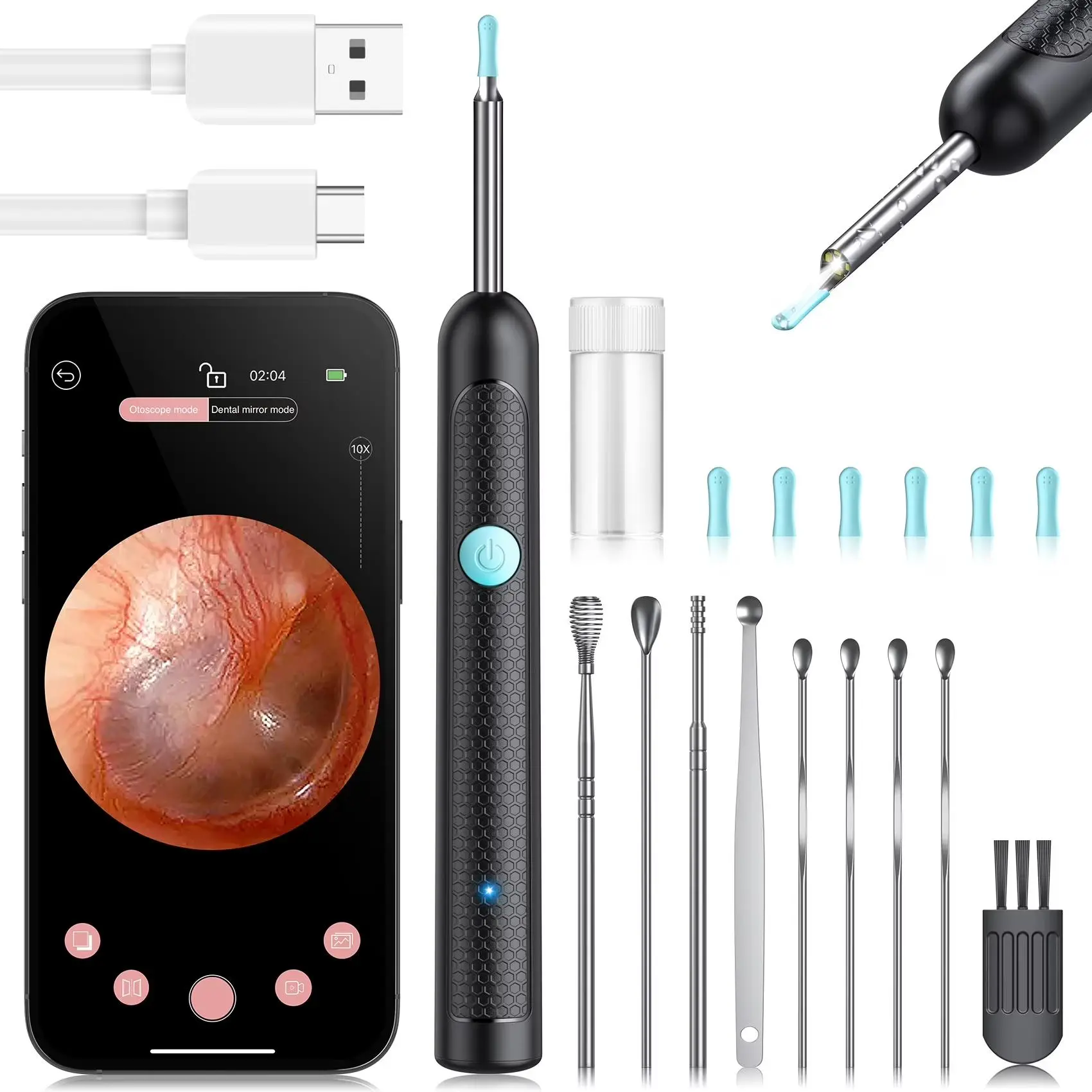 1080P HD Ear Wax Removal Tool with Camera, 6 Ear Spoon Set, Rechargeable USB/Battery Dual Power, tar Cleaning Device for Safe Ear Care Ear Wax Removal Kit Wireless Visual Ear Cleaner Earwax Removal Kit