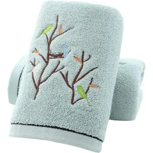 Hand Towels Set of 2 Embroidered Bird Tree Pattern 100% Cotton Absorbent Soft Decorative Towel for Bathroom (Aqua Green)