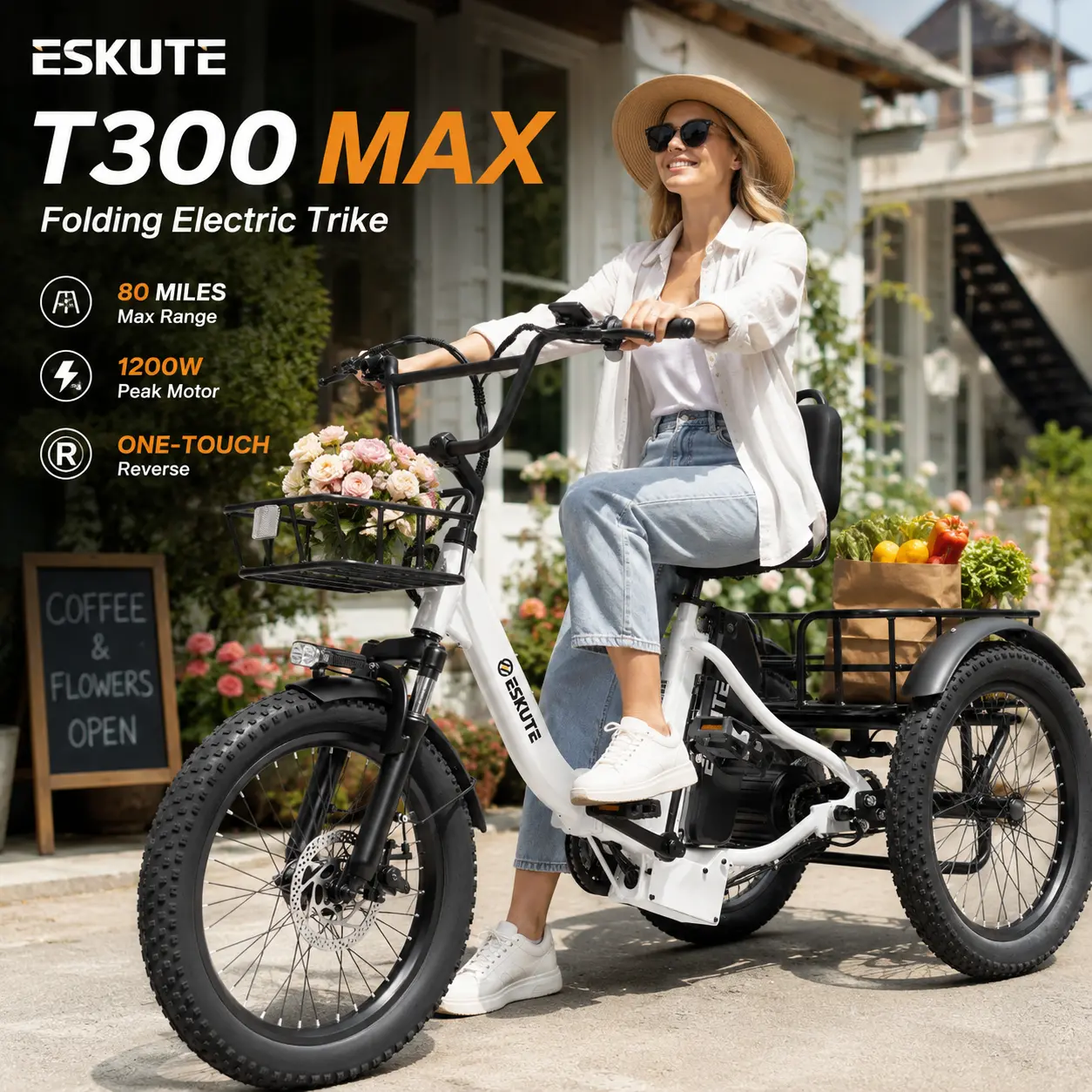 ESKUTE T300 MAX Electric Tricycle for Adults, 20" Versatile Folding E-Trike, Smart Reverse, 48V 20.8Ah Big Battery, Step-Thru 3 Wheel Electric Bike with Dual Cargo Baskets for Seniors & Daily Adventures