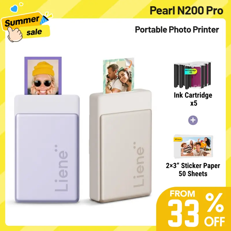 Liene Pearl N200 Pro Portable Photo Printer, Instant Mini Picture Printer for iPhone Smartphone, Thermal Dye Sublimation, Bluetooth Sticker Printer 50 Sheets 2x3 Adhesive Paper & 5 Cartridges, Travel Essentials, Back to School, Home Decor travelessentials