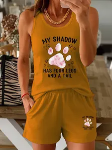 Women's Summer 2-Piece Casual Shorts Set, My Shadow Print Sleeveless Top Hot Pants Set, Comfortable Beach Vacation Wear, Ideal for Outdoor Activities