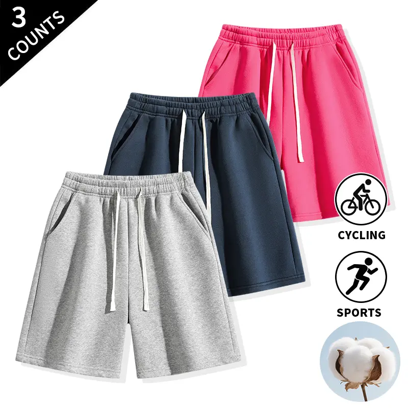 Summer Vibes 3-Pack Men’s Loose-Fit Athletic Sweat Shorts with Elastic Drawstring Waist and Side Pockets, Casual Straight-Leg Summer Streetwear Workout Shorts